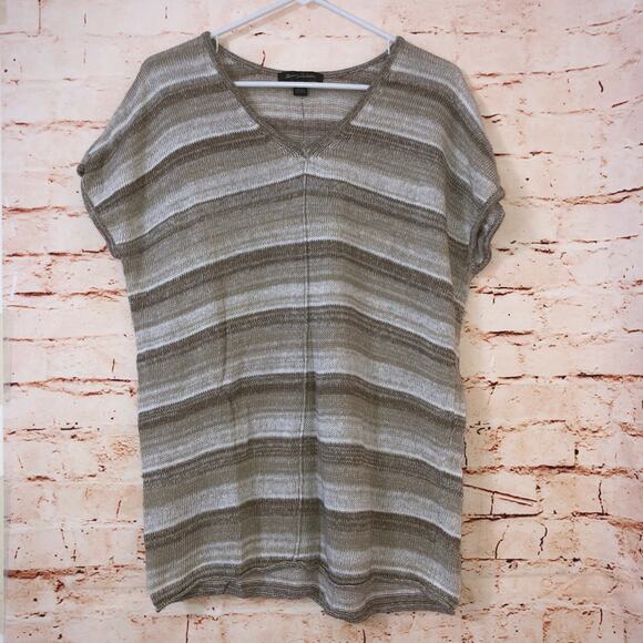 Tommy Bahama SMALL Brown Tan Striped Linen Blend Relaxed Short Sleeve Sweater - Picture 11 of 12